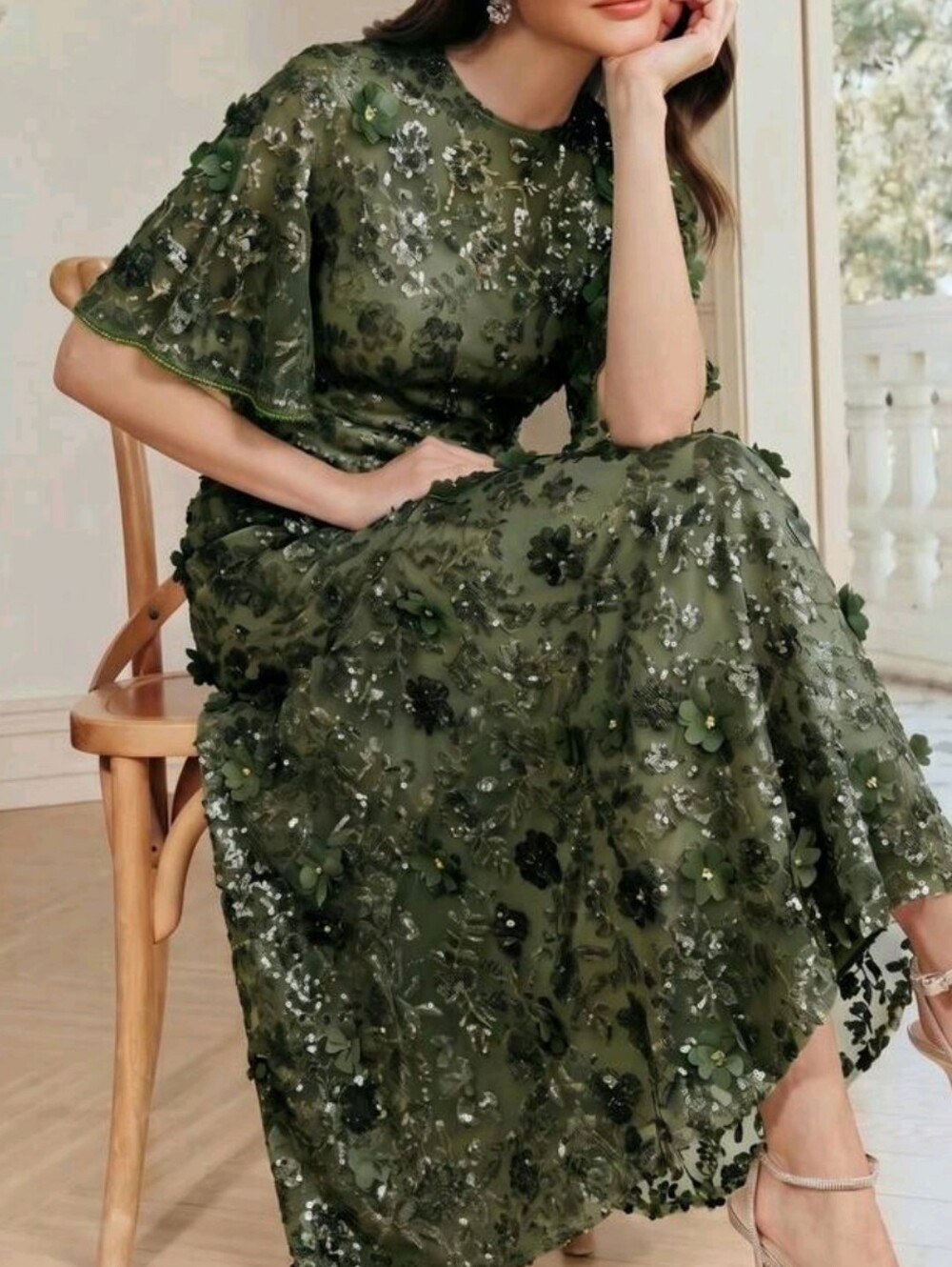 New Luxe Sequin Long Dress Flutter Short Sleeve Olive Green - Picture 3 of 12